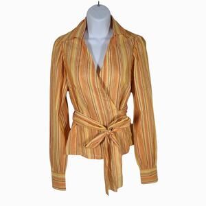 Teri Jon Button Up Wrap Blouse Tie Waist Long Sleeve Striped Tan 4